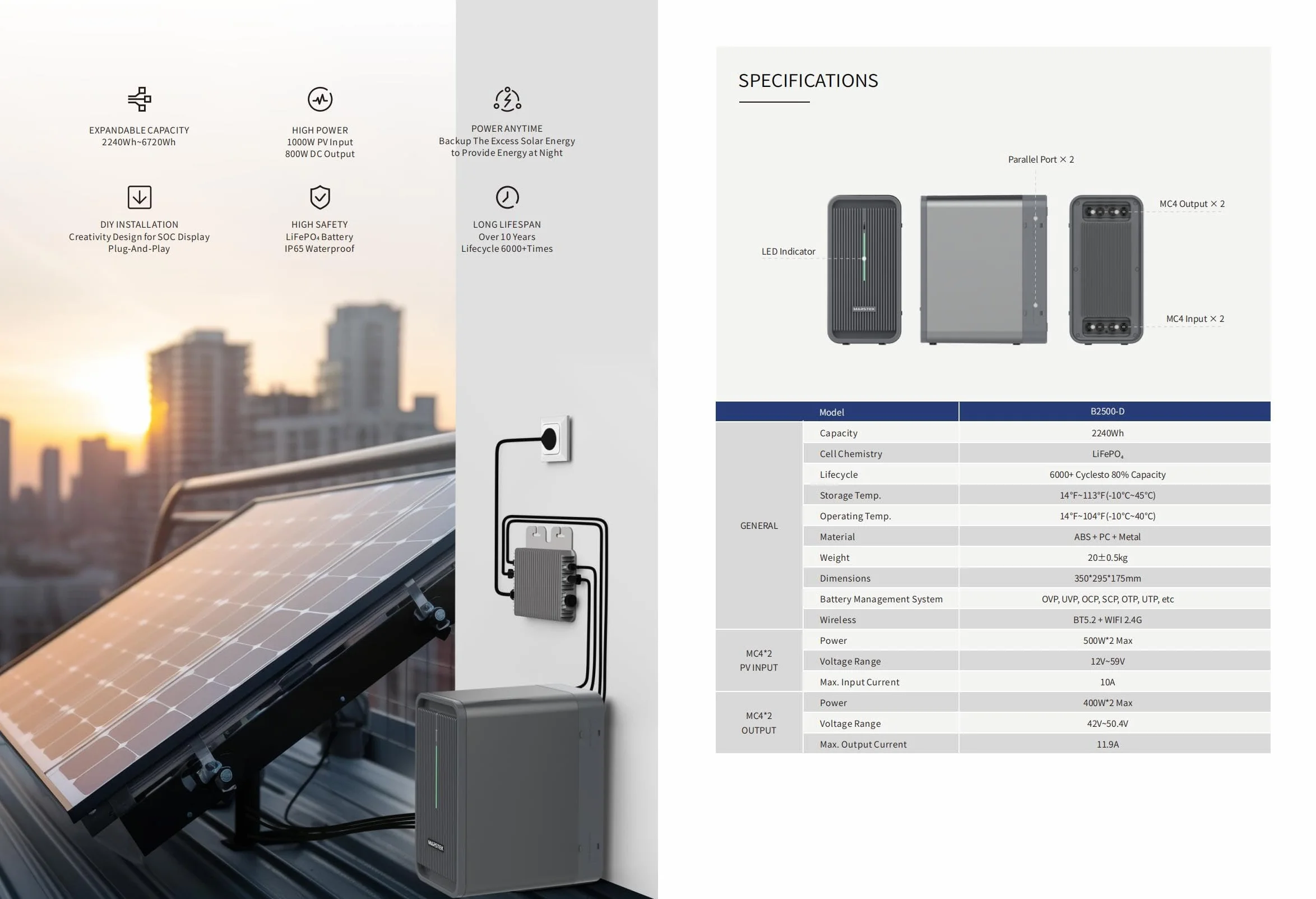 Marstek B2500 pami?? / bateria do elektrowni balkonowej 2,24 kW, wbudowany tracker MPP, 6000+ cykli ?adowania, inteligentne sterowanie aplikacj?, do u?ytku wewn?trz i na zewn?trz (IP65), mo?liwo??