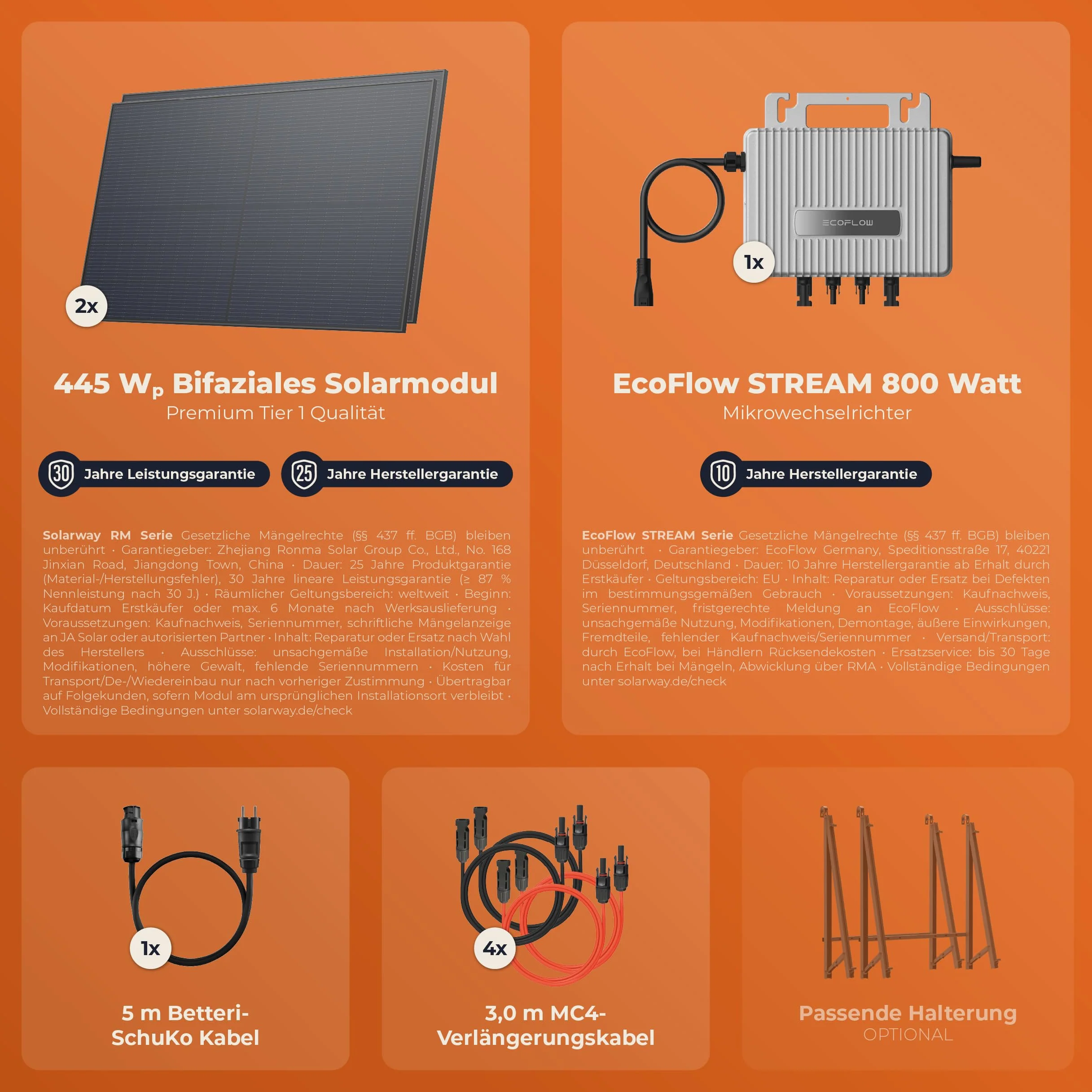 Solarway® Elektrownia balkonowa 880 Wp / 800 W, kompletny zestaw – najnowszy falownik EcoFlow Stream 800 W – gniazdko elektryczne