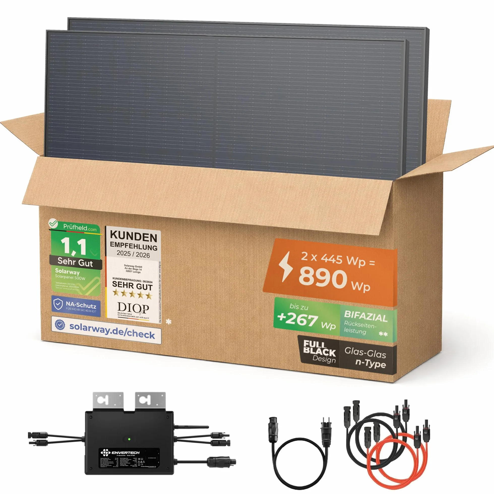 Solarway Elektrownia balkonowa 890 W, 800 W, kompletne gniazdko elektryczne – najnowszy falownik 800 W – kompletny zestaw – 445 W, dwufazowe moduły solarne i Envertech i akcesoria
