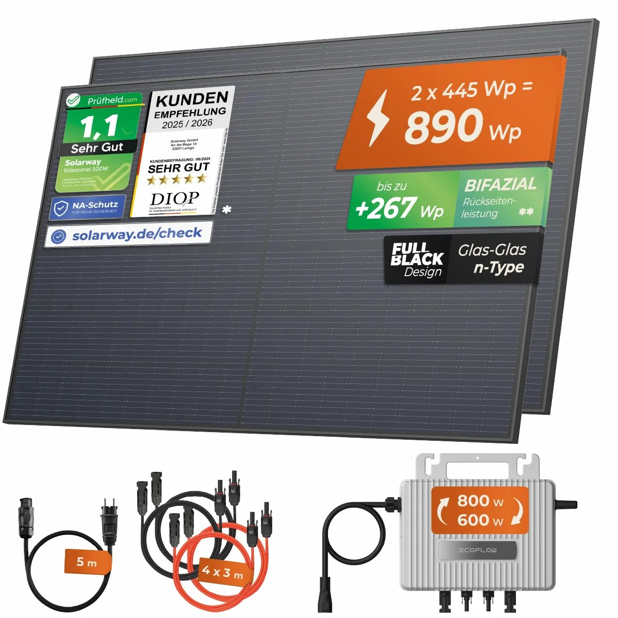 Solarway® Elektrownia balkonowa 880 Wp / 800 W, kompletny zestaw – najnowszy falownik EcoFlow Stream 800 W – gniazdko elektryczne