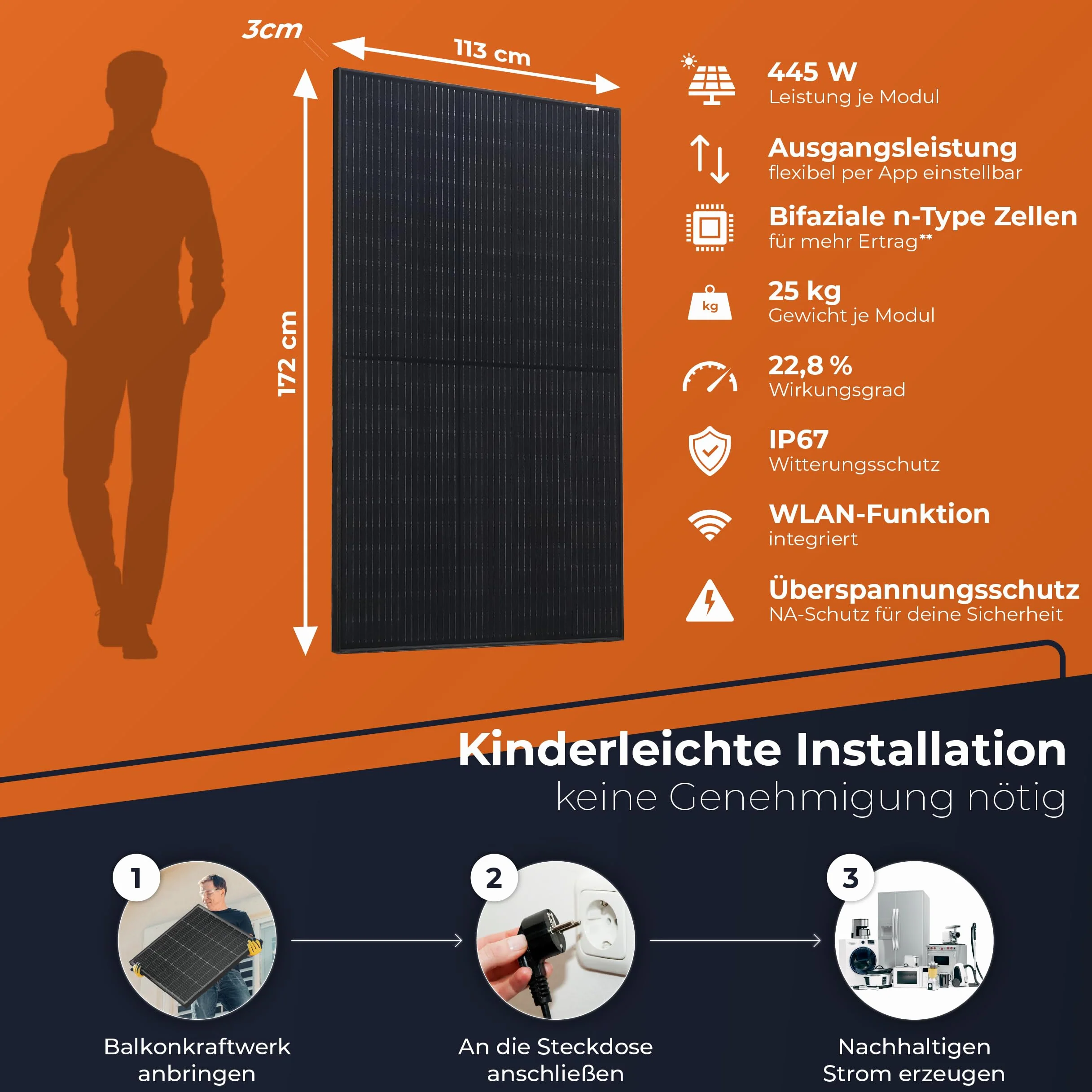 Solarway® Elektrownia balkonowa 880 Wp / 800 W, kompletny zestaw – najnowszy falownik EcoFlow Stream 800 W – gniazdko elektryczne